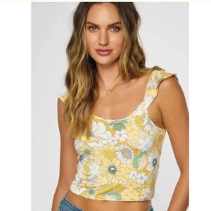 Women’s O’Neill yellow floral ruffle sleeve tank crop size small